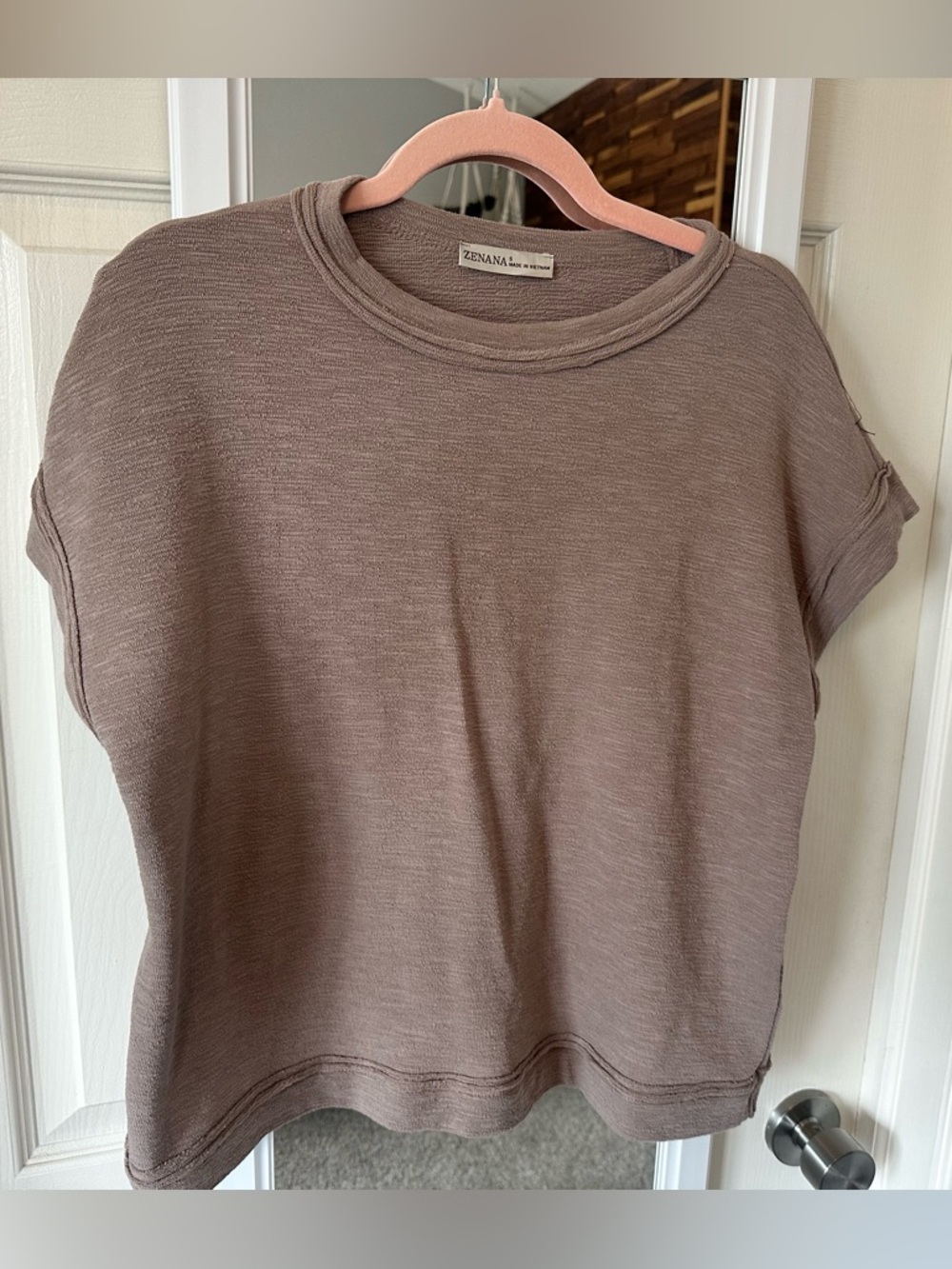 EUC🤎Zenana Slub Short Sleeve Tee and Pants Set Small Ash Mocha - Picture 6 of 8